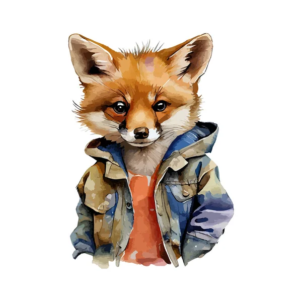 Portret Uroczego Akwarela Lisa Realistyczne Fox Autum Zwierzę Ubrania Moda — Wektor stockowy
