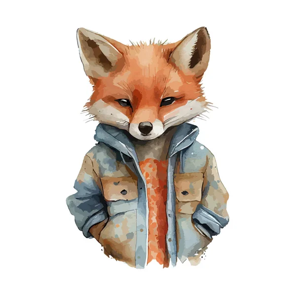 Portrait Cute Fox Watercolor Realistic Fox Autum Animal Fashion Jacket — Stock Vector