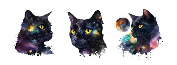 天国黑猫水彩画 黑色猫科动物的画像 背景为白色 水彩猫矢量图解 — 图库矢量图片