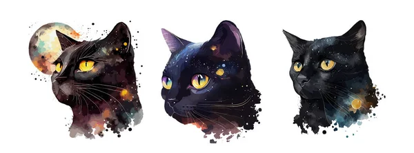 Pintura Aquarela Celestial Black Cat Retrato Gato Preto Animal Isolado — Vetor de Stock