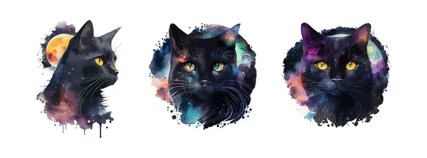 天国黑猫水彩画 黑色猫科动物的画像 背景为白色 水彩猫矢量图解 — 图库矢量图片