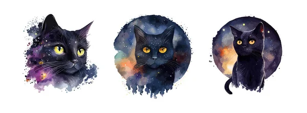 Pintura Aquarela Celestial Black Cat Retrato Gato Preto Animal Isolado — Vetor de Stock