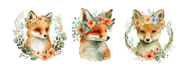 Watercolor Fox Dan Flowers Terisolasi Dengan Latar Belakang Putih Cute - Stok Vektor