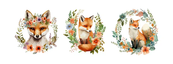 白い背景に孤立した水彩フォックスと花 かわいいキツネ動物の森のアートセット 野生動物の漫画の描画 ベクターイラスト — ストックベクタ