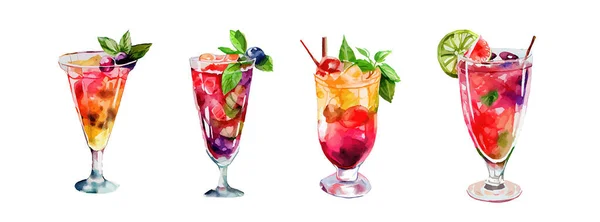 Cocktail Zomer Drinken Aquarel Geïsoleerd Witte Achtergrond Alcohol Sappig Fruit — Stockvector