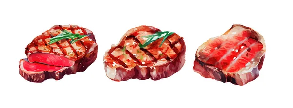 Állítsa Steak Hús Élelmiszer Akvarell Elszigetelt Fehér Alapon Ízletes Marhahús — Stock Vector