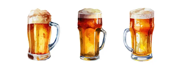 Zestaw Akwareli Piwnych Izolowanych Białym Tle Picie Alkoholu Szklanka Piwa — Wektor stockowy