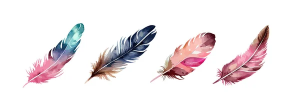Colorful Bird Feather Watercolor Set Isolated White Background Vintage Boho — Stock Vector