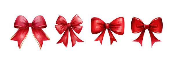 Set Van Rode Boog Aquarel Geïsoleerd Witte Achtergrond Cadeau Decoratie — Stockvector