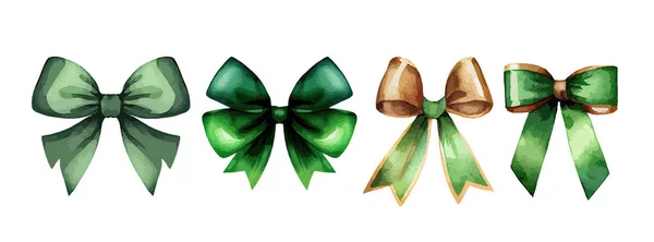 白い背景に緑の弓の水彩セット 聖パトリックの日の装飾的な要素のコレクション ベクターイラスト — ストックベクタ
