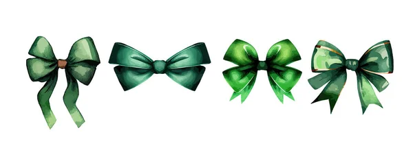 白い背景に緑の弓の水彩セット 聖パトリックの日の装飾的な要素のコレクション ベクターイラスト — ストックベクタ