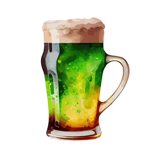 Zielony Zestaw Akwareli Piwo Izolowane Białym Tle Picie Napojów Alkoholowych — Wektor stockowy