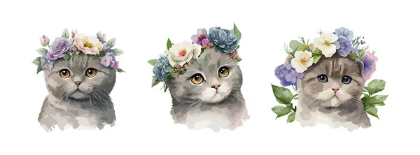 可爱的灰色猫水色隔离在白色背景 一套有漂亮花朵的小猫咪英国短毛猫 矢量说明 — 图库矢量图片