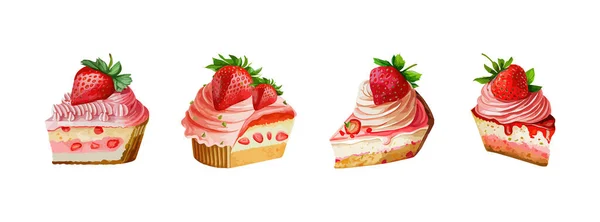 草莓蛋糕的水彩画被白色背景隔开了 一套美味的甜甜点奶油食物 矢量说明 — 图库矢量图片