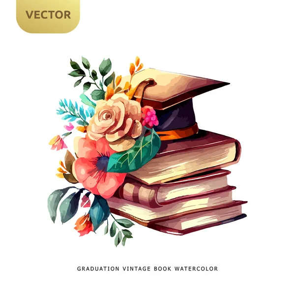 卒業帽子と白い背景に隔離された美しい花とヴィンテージ本 卒業水彩デザインベクトルイラスト — ストックベクタ