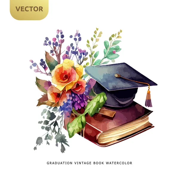 卒業帽子と白い背景に隔離された美しい花とヴィンテージ本 卒業水彩デザインベクトルイラスト — ストックベクタ
