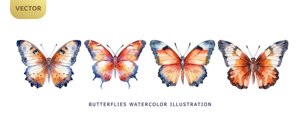 白い背景に孤立した美しい蝶の水彩画のセット ピンク オレンジ 緑の蝶のベクトルイラスト ベクターグラフィックス