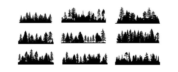Forest tree silhouettes collection. Pine trees horizontal pattern panorama background. Vector illustration.