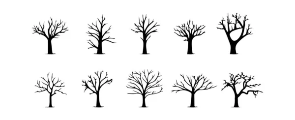 Set Dead Tree Silhouettes Isolated White Background Simple Naked Trees — Stock Vector