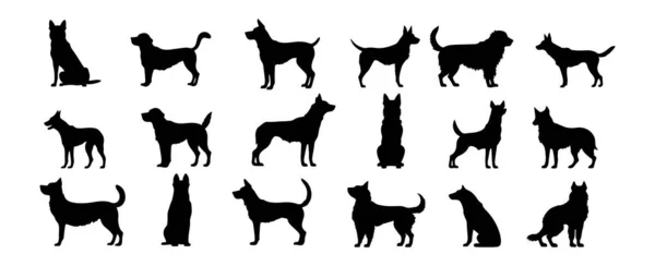 Коллекция Собачьих Силуэтов Выделена Белом Фоне Черный Щенок Стоя Представляет — стоковый вектор