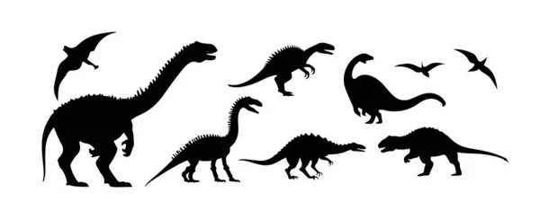 Dinosaurus Silhouetten Geïsoleerd Witte Achtergrond Jurassic Dino Rex Pterodactyl Triceratops — Stockvector