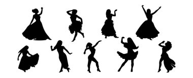 Beyaz arka planda izole edilmiş bir grup kadın dansçı silueti. Siyahlar sanat grafik vektörü çizimi yapıyor.