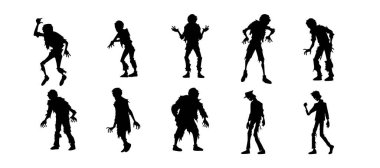 Beyaz arka planda izole edilmiş bir grup siyah korku zombisi silueti. Canavar ölüm grafikleri vektör illüstrasyonu.