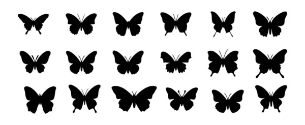 Vacker Fjäril Silhuett Isolerad Vit Bakgrund Svart Fjäder Fjärilar Samling — Stock vektor