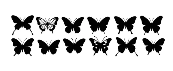 Beyaz Arka Planda Izole Edilmiş Güzel Kelebek Silueti Kara Bahar — Stok Vektör