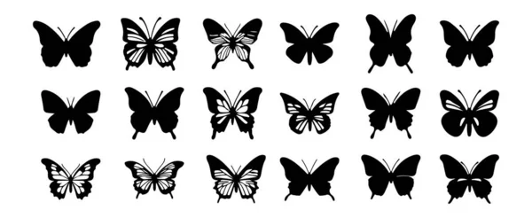 Piękna Sylwetka Motyla Odizolowana Białym Tle Czarny Wiosna Motyle Kolekcja — Wektor stockowy