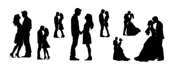 ウェディングカップルシルエットコレクション 花嫁のドレスと夫の黒のグラフィックデザインは 白の背景に隔離された設定 ベクターイラスト — ストックベクタ