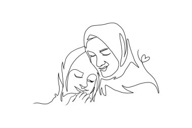 Sürekli Annelik Sanatı, Mutlu Anneler Günü kartı, bir çizgi çizimi, ebeveyn ve çocuk silueti çizilmiş. Vektör illüstrasyonu.