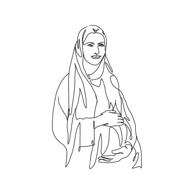 Sürekli Annelik Sanatı, Aşk Hamile, Mutlu Anneler Günü kartı, bir çizgi çizimi, ebeveyn ve çocuk silueti çizilmiş. Vektör illüstrasyonu.