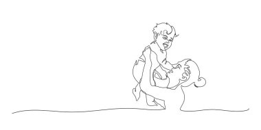 Devamlı Annelik Sanatı, Bebeği Taşı, Mutlu Anneler Günü kartı, bir çizgi çizimi, ebeveyn ve çocuk silueti çizimi. Vektör illüstrasyonu.