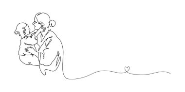 Devamlı Annelik Sanatı, Bebeği Taşı, Mutlu Anneler Günü kartı, bir çizgi çizimi, ebeveyn ve çocuk silueti çizimi. Vektör illüstrasyonu.