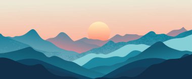 Soyut dağ manzarası arka plan, doğa duvar dekoru, sanat baskısı, minimalist panorama tepesi, macera ve seyahat manzarası tasarımı. Vektör illüstrasyonu.