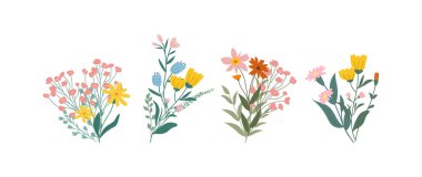 Yumuşak renklerde renkli bahar çiçekleri, düz tasarım tarzında botanik türleri, çiçek açan doğa dekoratif elementleri. Vektör illüstrasyonu.