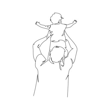 Aralıksız tek sıra, bir çizgi baba ve çocuk, ebeveyn aşığı çocuk, babalar günü dekorasyonu için çizgi çizimi..