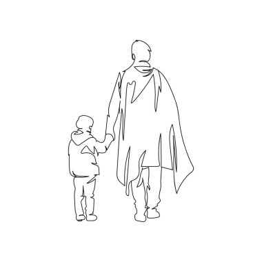 Aralıksız tek sıra, bir çizgi baba ve çocuk, ebeveyn aşığı çocuk, babalar günü dekorasyonu için çizgi çizimi..