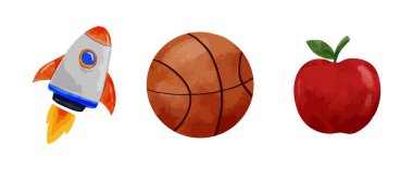 Suluboya kırmızı elma, roket, basketbol klibi vektör illüstrasyonu beyaz arka planda izole edilmiş, okula geri dönüyor.