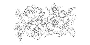 Beyaz arka planda şakayık çiçekleri düzenleme çizgisi. Düğün için siluet botanik el çizimi ögesi, davet çerçevesi tasarımı, vektör illüstrasyonu.