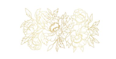 Beyaz arka planda izole edilmiş altın şakayık çiçek çizgisi. Davetiye, düğün, duvar kağıdı, baskı şablonu, vektör illüstrasyonu için lüks çiçek tasarımı unsurları.