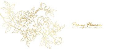 Beyaz arka planda izole edilmiş altın şakayık çiçek çizgisi. Davetiye, düğün, duvar kağıdı, baskı şablonu, vektör illüstrasyonu için lüks çiçek tasarımı unsurları.