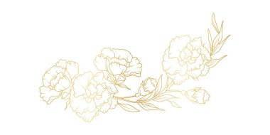 Altın karanfilli çiçek çizgisi beyaz arka planda izole edilmiş. Davetiye, düğün, duvar kağıdı, baskı şablonu, vektör illüstrasyonu için lüks çiçek tasarımı unsurları.