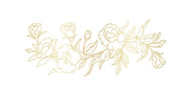 Altın karanfilli çiçek çizgisi beyaz arka planda izole edilmiş. Davetiye, düğün, duvar kağıdı, baskı şablonu, vektör illüstrasyonu için lüks çiçek tasarımı unsurları.