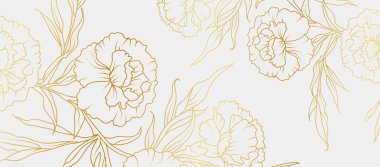 Lüks altın karanfilli çiçek arka planı. Çiçek desenli tropikal resim tarzı selamlama, davetiye, düğün kartı, duvar resmi, duvar kağıdı ve baskı için. Vektör illüstrasyonu.