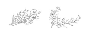 Karanfil çiçeği aranjmanı beyaz arka planda. Düğün için siluet botanik el çizimi ögesi, davet çerçevesi tasarımı, vektör illüstrasyonu.