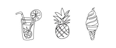 Ananas, dondurma, limonata bardağı sürekli bir çizgi çizimi, tek çizgi sanat unsuru, minimalist çizim çizimi çizim çizimi çizimi, yaz tatili konsepti..