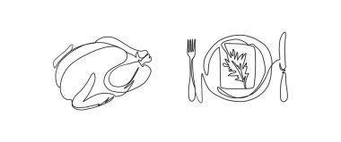 Kızarmış hindi yemeği aralıksız tek çizgi çizimi, tek çizgi sanat öğesi, minimalist çizim çizimi çizimi vektör çizimi çizimi, sonbahar ve şükran günü konsepti..