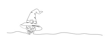 Kafatası ve cadı şapkası aralıksız tek çizgi çizimi, tek çizgi sanat öğesi, minimalist çizim çizimi vektör çizimi çizimi, cadılar bayramı ürkütücü kavramı..